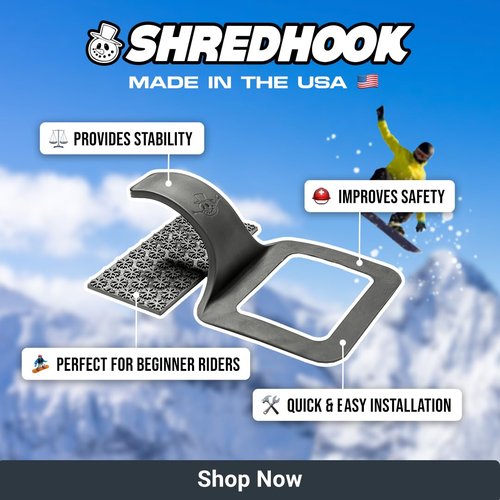 The SHREDHOOK Snowboard Hook w/Stomp Pad - Experience Stability When not Engaged in The Rear Snowboard Binding. This Gives The Rider Added Control While Getting Off Lifts and Traversing The Mountain.