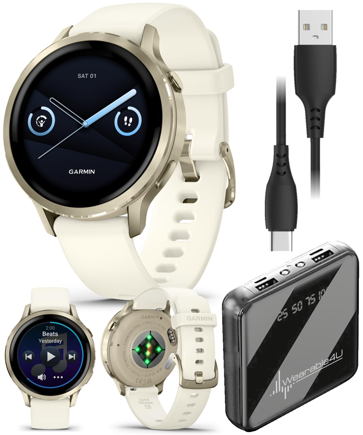 Garmin Venu 4 41mm AMOLED Advanced Health & Fitness GPS Smartwatch, Bright & Colorful Display, Built-in Flashlight, Up to 10 Days, Lunar Gold w/Bone Silicone Band w/Wearable4U PowerBank Bundle