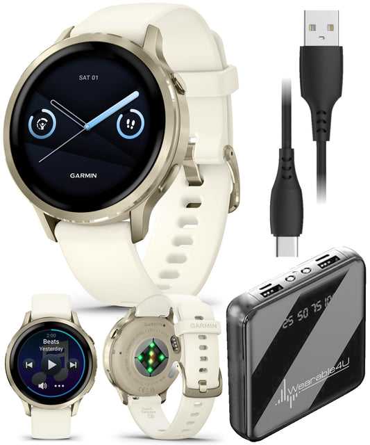 Garmin Venu 4 41mm AMOLED Advanced Health & Fitness GPS Smartwatch, Bright & Colorful Display, Built-in Flashlight, Up to 10 Days, Lunar Gold w/Bone Silicone Band w/Wearable4U PowerBank Bundle
