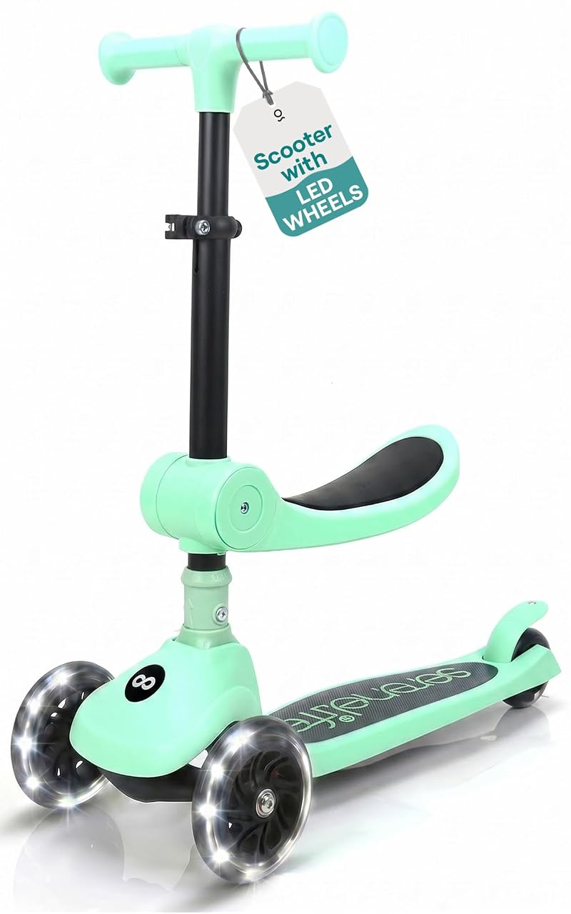 SereneLife 3-Wheel Kids Scooter with Seat, LED Wheels – Mint Green