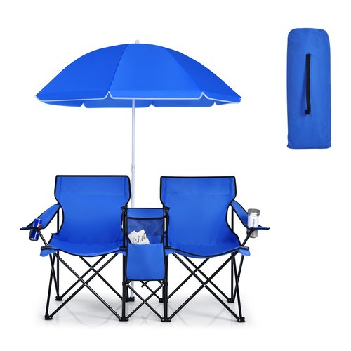 CHEFJOY Double Camping Chair, 2-Person Portable Beach Chair w/Removable Umbrella, Cup Holders & Carrying Bag, Folding Loveseat Chairs for Adults Outdoor Picnic (Blue)