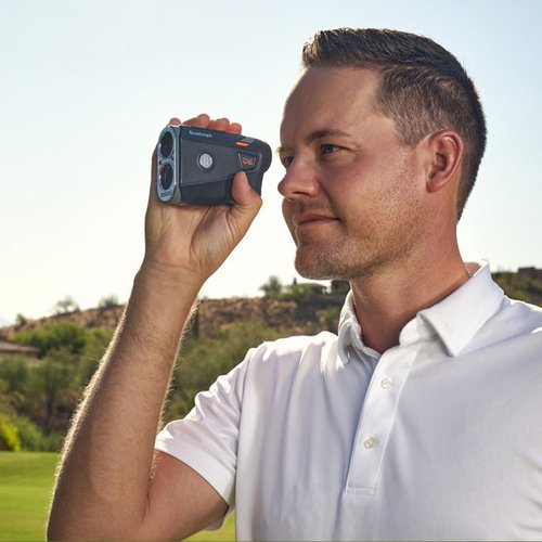 Bushnell Golf Tour V6 Laser Rangefinder Patriot Pack | PinSeeker, Magnetic Mount, 6X Magnification, 1300 Yard Range, 3D Flyovers in App, LCD Display, Signature Series Golf Towel Bundle