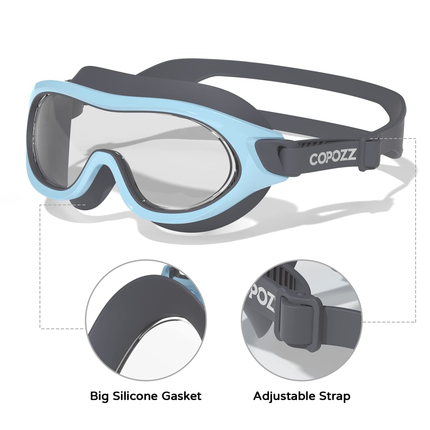 COPOZZ Kids Swim Goggles for 6-14, Wide View Swimming Goggles No Leak Anti Fog UV Protection Youth Swim Goggles