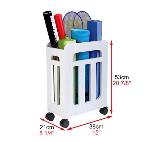 Storage Organizer Home Gym Yoga Mat Basket with Wheels, Solid Wood Yoga Mat Storage for Foam Roller Badminton Rackets Baseball Bats, Home Gym Decor/Yoga Accessories
