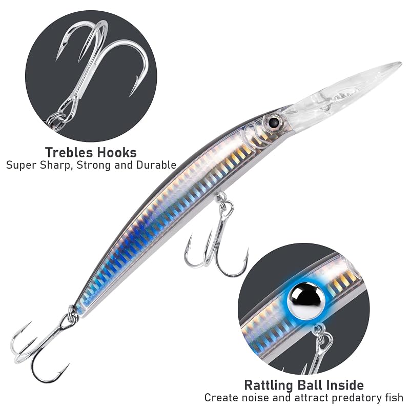 Dr.Fish 3 Pack Deep Diving Minnow Jerkbait Lures - 13ft, Clown Color, Saltwater & Freshwater