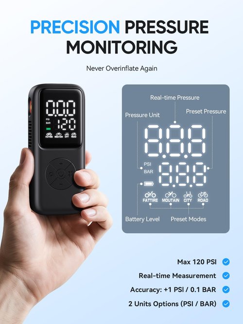 GPUTEK Mini Electric Bike Pump,120 PSI Bike Pump Portable with Guage Auto Stop, Bicycle Pump with Presta and Schrader, Bike Tire Pump Valve for Road Bicycle, Mountain Bike, E-Bike,Sports Ball