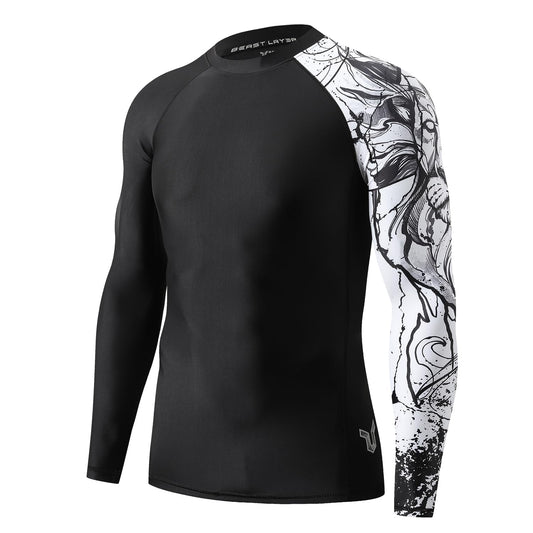 ADOREISM Long Sleeve Rash Guard for Men UPF 50+ Quick-Dry Compression Swim Shirt (Black Lion, 2XL)