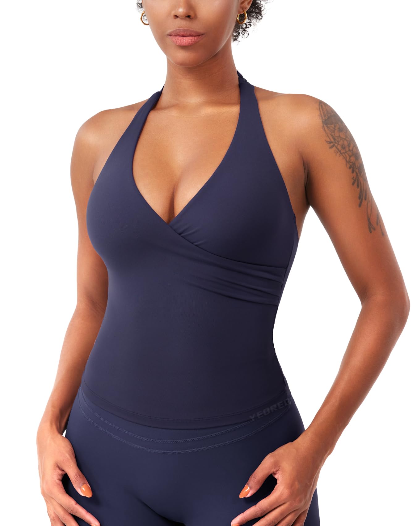YEOREO CoreFlex Womens Halter Tank Tops Workout Impact Longline Strappy Top Padded Deep V Neck Wrap Gym Backless Camisole Navy L