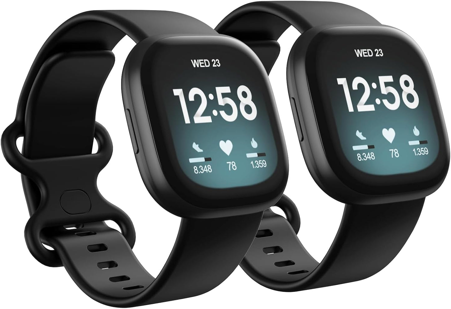 2 Pack Waterproof Bands Compatible with Fitbit Versa 3 / Fitbit Versa 4 / Fitbit Sense/Sense 2 Bands, Classic Soft Sports Replacement Wristbands for Women Men (Large 7.1''-8.7'', black/black)