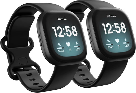 2 Pack Waterproof Bands Compatible with Fitbit Versa 3 / Fitbit Versa 4 / Fitbit Sense/Sense 2 Bands, Classic Soft Sports Replacement Wristbands for Women Men (Large 7.1''-8.7'', black/black)