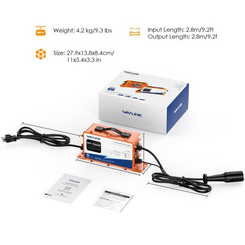 WAVLINK Golf Cart Charger, GS950C - 48V 15A Max, 810W Output, IP67 Waterproof, LiFePO4/NMC/Lead-Acid Compatible (3 Pin Round Plug for Club Car)