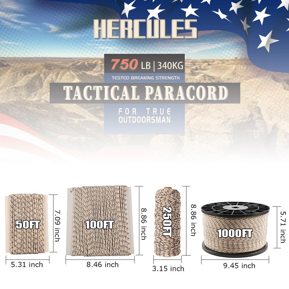 HERCULES 750lb Paracord 4mm 11 Strands Tactical Parachute Cord, 50' 100' 250' 1000' Utility Rope for Camping, Survival, Outdoor Gear (Desert Camo, 100FT)
