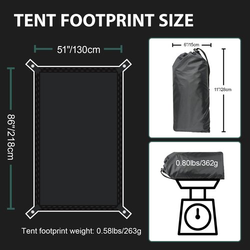 KRUI Tent Footprint, PU 2000 Waterproof Camping Tarp, Durable Tent Floor Saver for Hiking, Backpacking, Hammock, Beach and Picnic, Suitable for 1-2 People