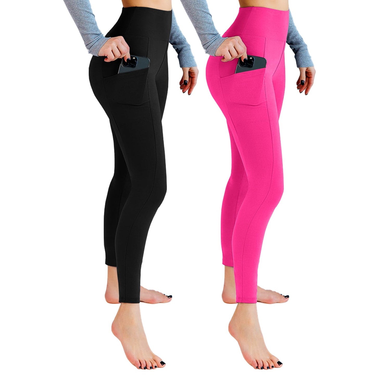 Leafigure 2 Packs Leggings with Pockets for Women, High Waisted Tummy Control Workout Leggings for Gym Black/Pink LXL