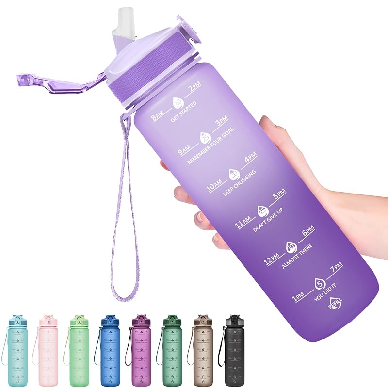 Hyeta 32oz Leakproof Water Bottle with Straw & Time Markers — Pink-Purple Ombré