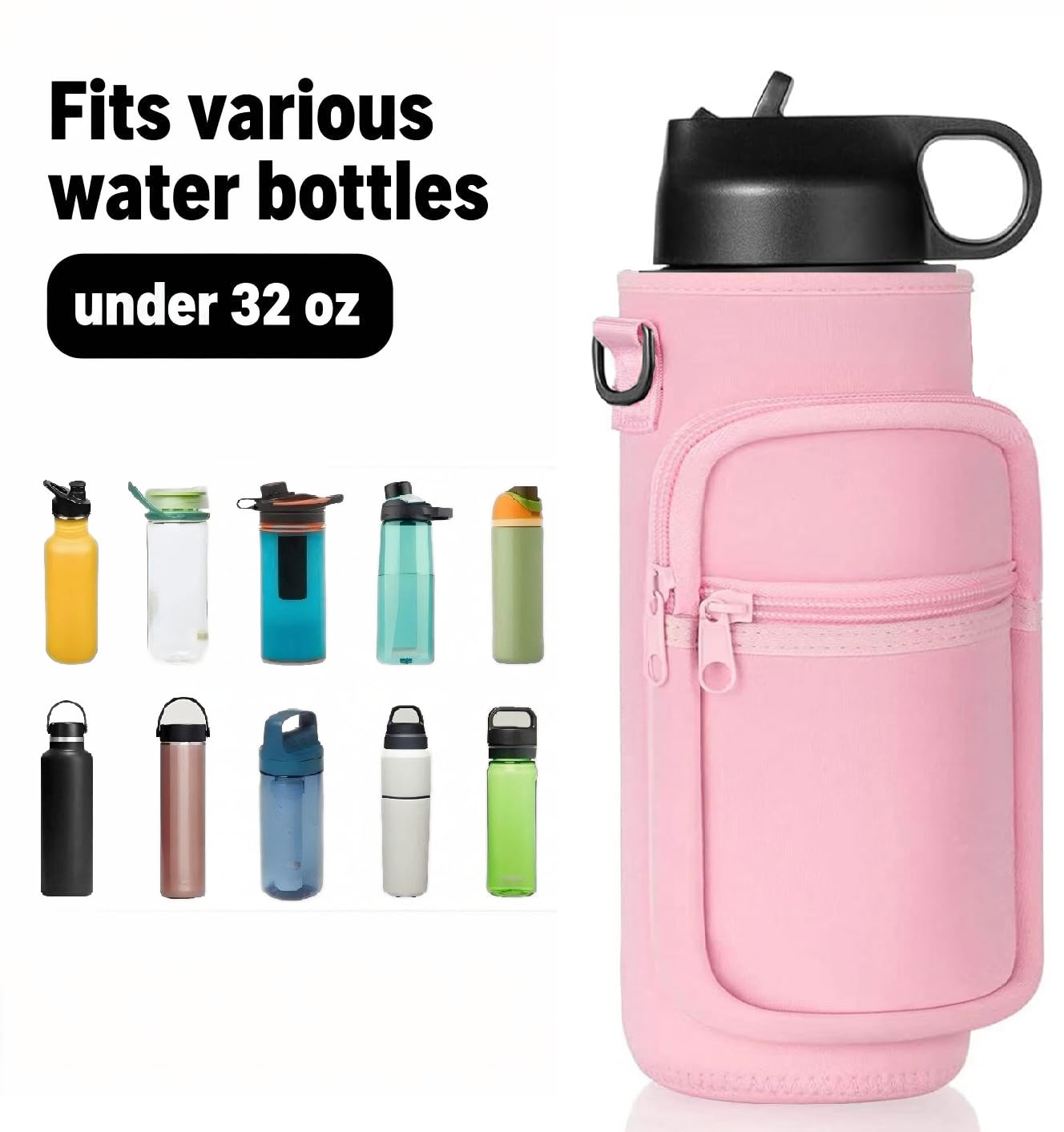 Water Bottle Holder with Strap, 32/40 oz Insulated Bottle Sling Bag Crossbody, Water Bottle Carrier Bag with Phone Pocket and Small Pocket for Walking Hiking Camping Fishing(3.34"W * 7.87"H)