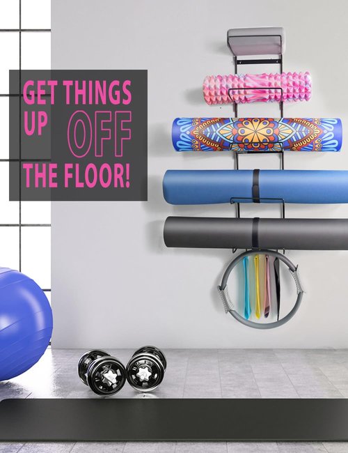 MRZZATA 5-Tiers Yoga Mat Holder Wall Mount, Metal Storage Rack for Yoga Mat/Wheels, Foam Roller and Block, Wall Rack with 4-Hooks for Hanging Stretching Strap, Resistance Bands
