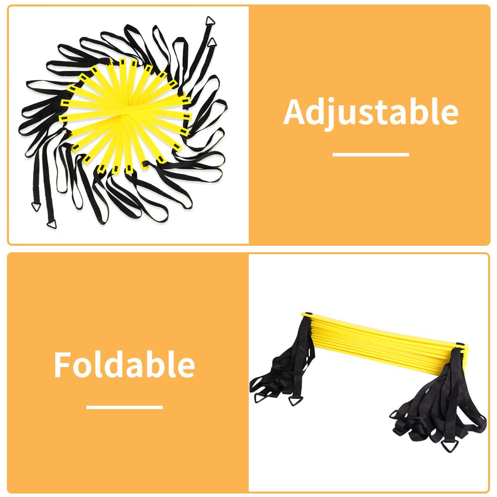 YISSVIC Agility Ladder and Cones 20 Feet 12 Adjustable Rungs Fitness Speed Training Equipment,1 Carry Bags, 10 Cones, 4 Stakes, Basketball, Soccer (20 feet Yellow)