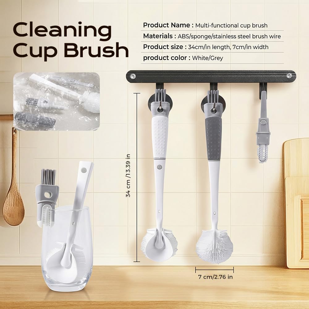 Water Bottle Cleaner Brush Compatible, 360° Flexible Silicone Bottle Brush with Long Handle,3 in 1 Brush Cleaner Kit for Narrow Neck Water Baby Bottles, Flasks Soft Bottle Brush (Grey, 1Pcs)