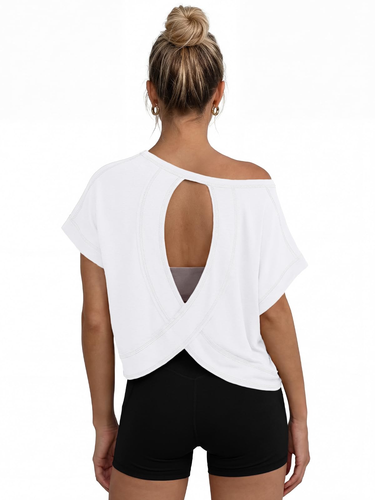 AUTOMET Womens Open Back Workout Crop Tops 2026 Summer Backless Cute Short Sleeve Athletic Shirts Oversized Gym Yoga Tee White S