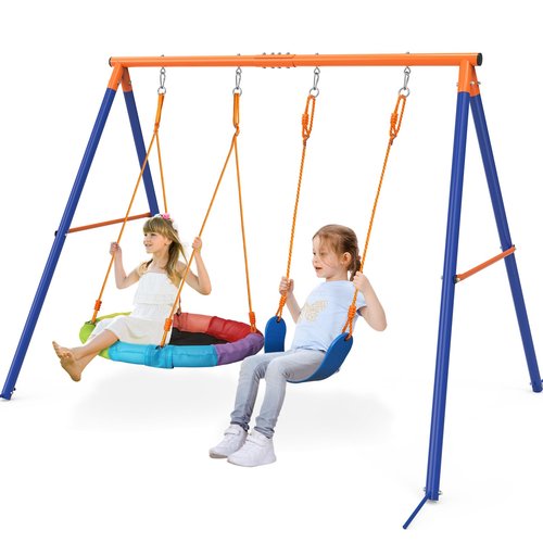 Amictoy Swing Set for Backyard with Stand - Heavy Duty 440lbs Metal A-Frame Outdoor Playset with 32" Saucer Swing & 26.2" Seats