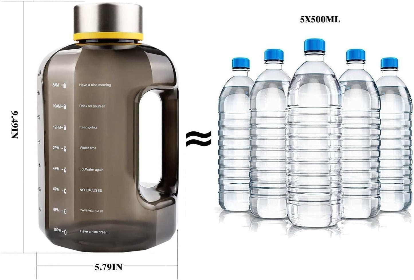 VENNERLI Half Gallon Water Bottle with Handle BPA Free Sports Water Bottles 74oz Large Plastic Water Jug 2.2L Motivational for Outdoor Hiking Camping Running (Black)