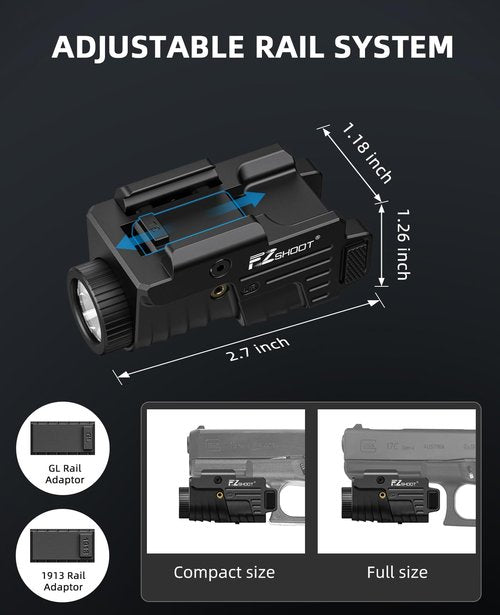 EZshoot 800 Lumens Pistol Light Laser Combo Rechargeable, Compact Pistol Flashlight with Slidable Rail Compatible with Glock and Picatinny Rail, Tactical Flashlight with Red Laser Beam