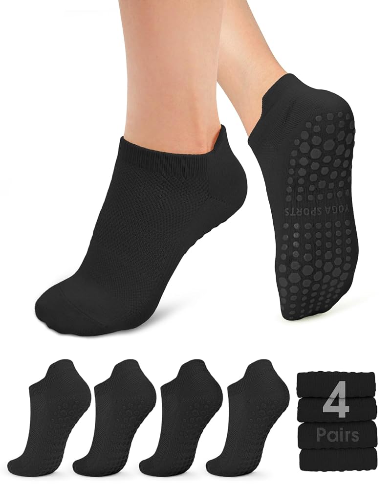 Non-Slip Pilates Socks for Women - 4 Pairs, A04-Black Small/Medium