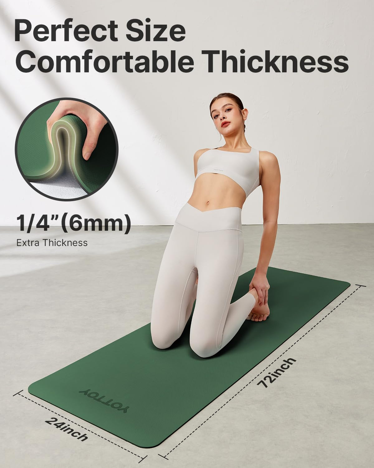 YOTTOY Yoga Mat, Non-Slip TPE Exercise Mat (1/4 Inch) for Pilates, Fitness & Barefoot Workouts, Home Gym Studio with Strap & Bag (Green, 24 * 0.24 Inches)