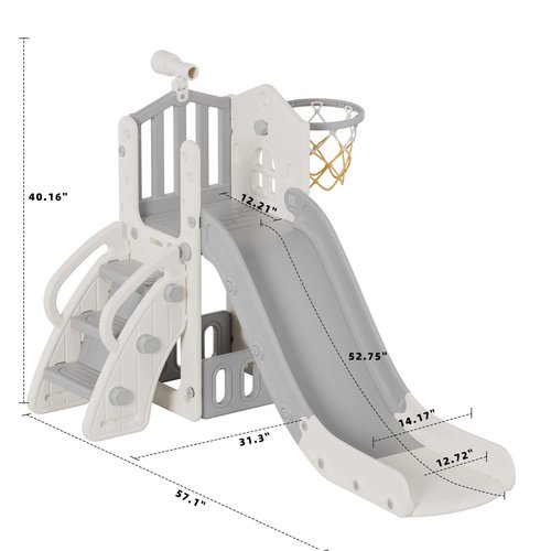 XJD 5 in 1 Toddler Slide, Kids Slide for Toddlers Age 1-3, Outdoor Indoor Playset for Toddlers with Basketball Hoop and Ball, Storage Space and Non-Slip Steps Telescope (Gley)