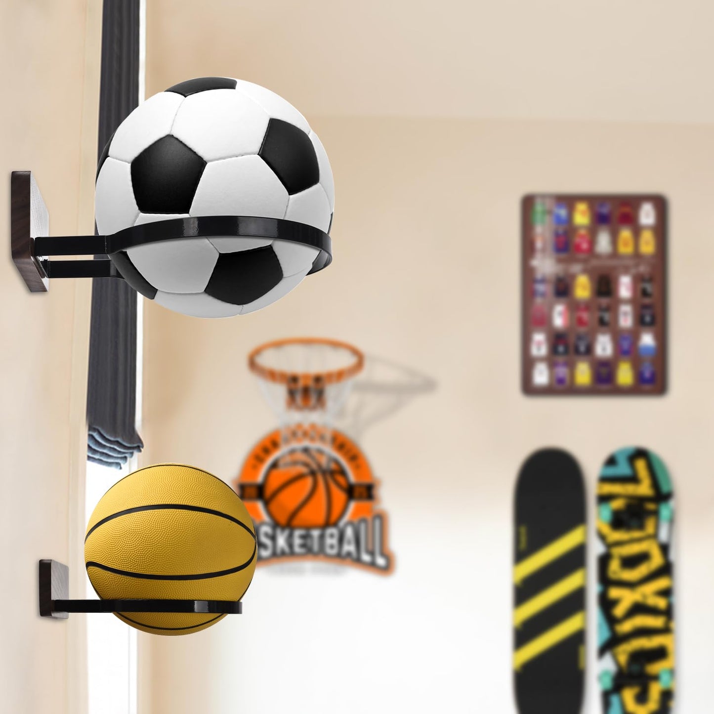 Basketball Holder Wall Mount, Solid Wood Ball Storage Wall Decorations for Basketball, Football, Soccer, Volleyball Collection, Stylish Basketball Rack Display for Home Decor (Beech Wood-4 Packs)