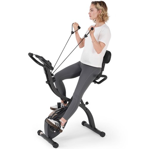 Folding Exercise Bike Stationary Bike Recumbent Exercise bike with 10 Level Adjustable Magentic Resistance and Arm Resistance Band LCD Display Support Backrest Wide Seat 300LB Capacity for Home Workout