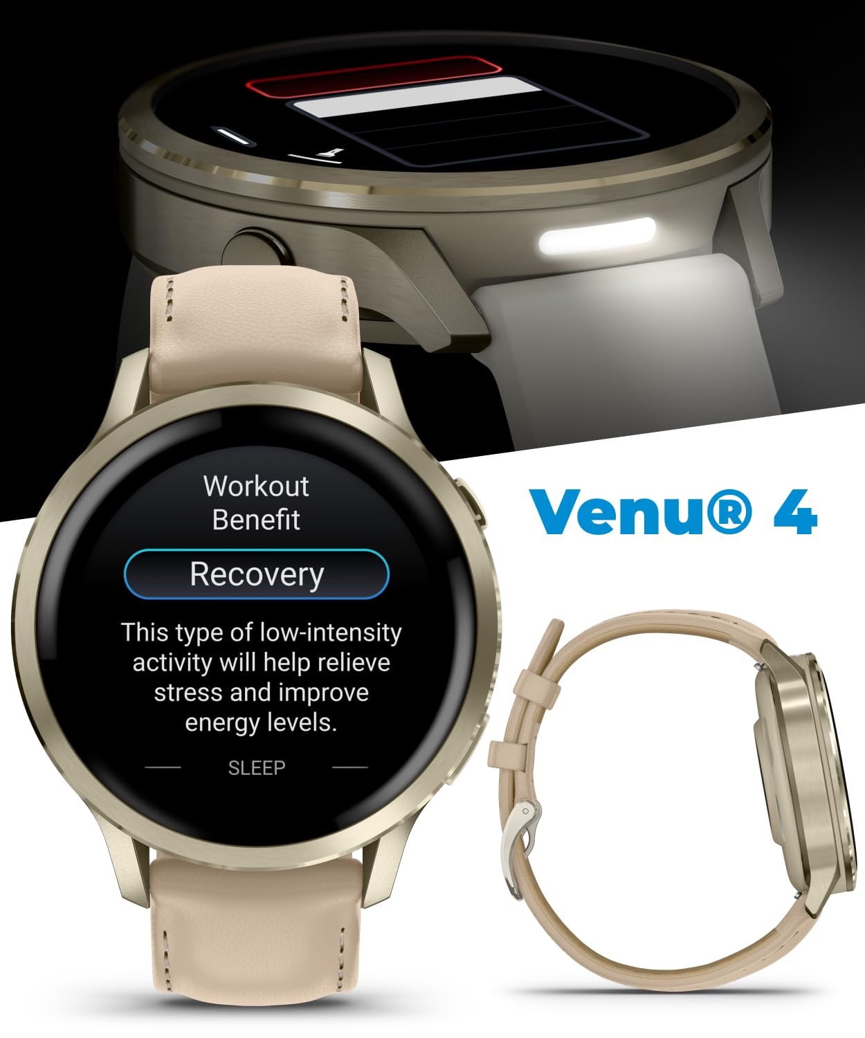Garmin Venu 4 41mm AMOLED Advanced Health & Fitness GPS Smartwatch, Bright & Colorful Display, Built-in Flashlight, Up to 10 Days, Lunar Gold w/Bone Silicone Band w/Wearable4U Black Earbuds Bundle