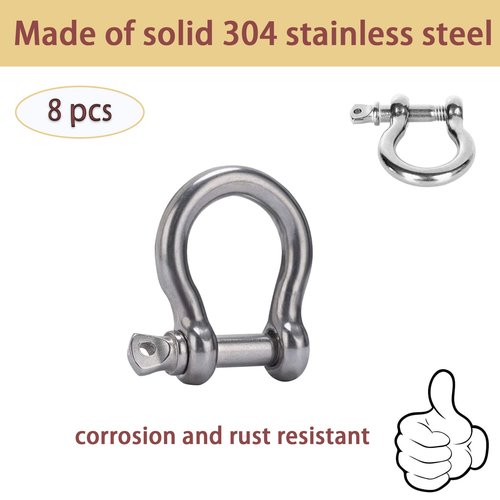 8pcs Screw Pin Anchor Shackle, Stainless Steel M5 Bow Shackle, 3/16 Inch D Ring Clevis Shackle, Anchor Shackle with Screw Pin for Chains Wirerope Paracord Outdoor Camping