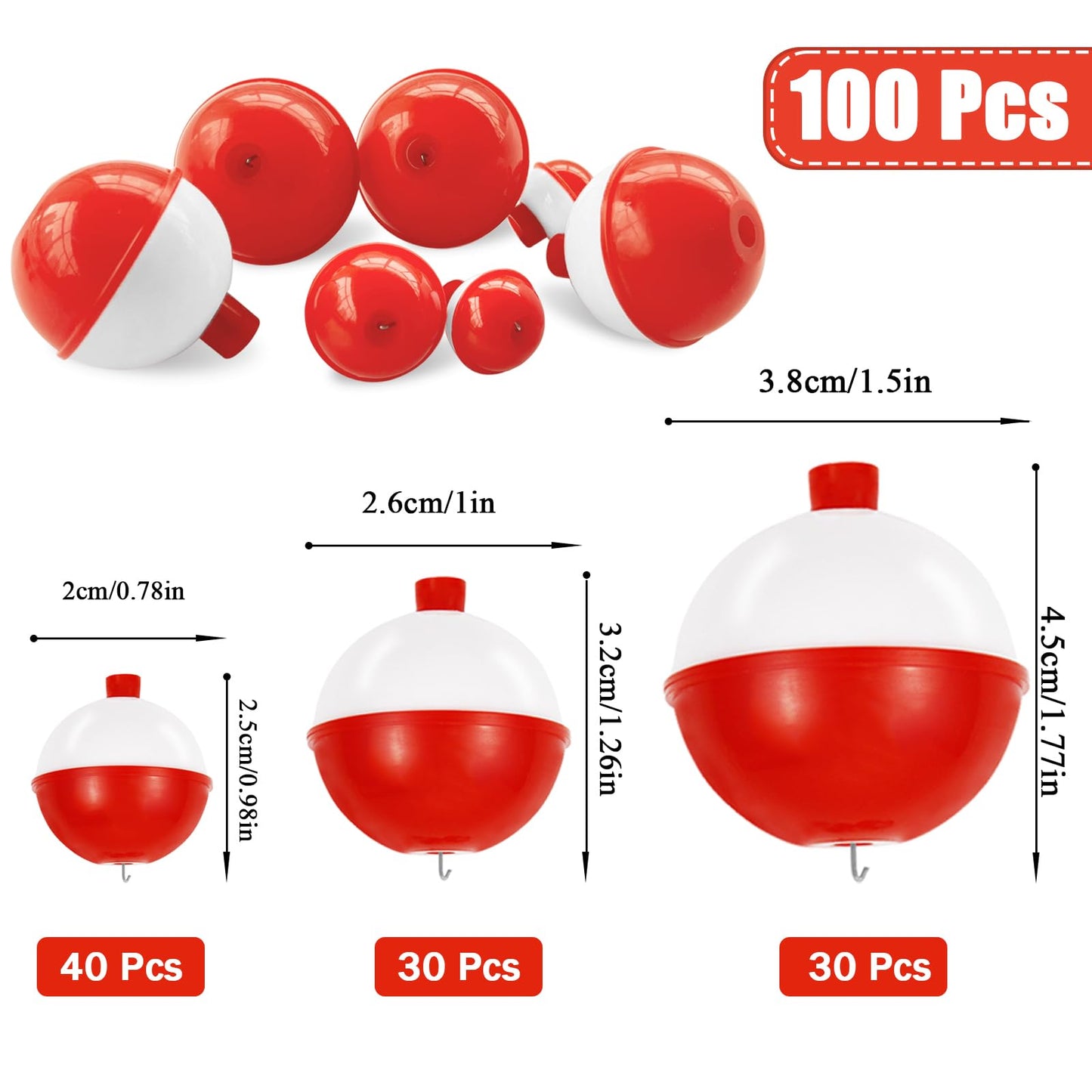 100 Pcs Fishing Float,Hard ABS Fishing Bobber,Red and White Bobbers,Push Button Round Buoy Floats for Tackle Accessories(Size: 0.75/1/1.5 Inch)