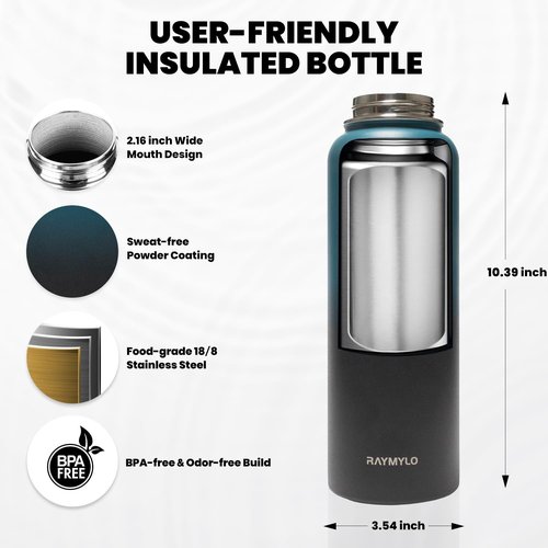 RAYMYLO Insulated Water Bottle 40 oz, Triple Wall Vacuum Stainless Steel (Cold for 48 Hrs), Leak Proof & Non-BPA, Modern Water Flask Jug with Paracord Handle & Straw Spout Lids, Indigo/Black