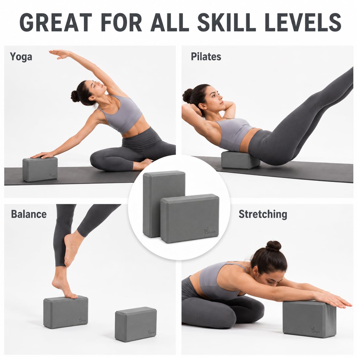 Exerz Yoga Blocks 2 Pack EVA Foam Gym Bricks Pilates Stretch Gray