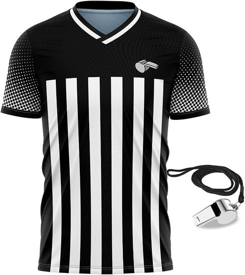 CUEJDSA Referee Shirt Jersey Uniform,V Neck Ref Costume Shirt for Men,Referee Jersey for Football(Black & White, Size L)