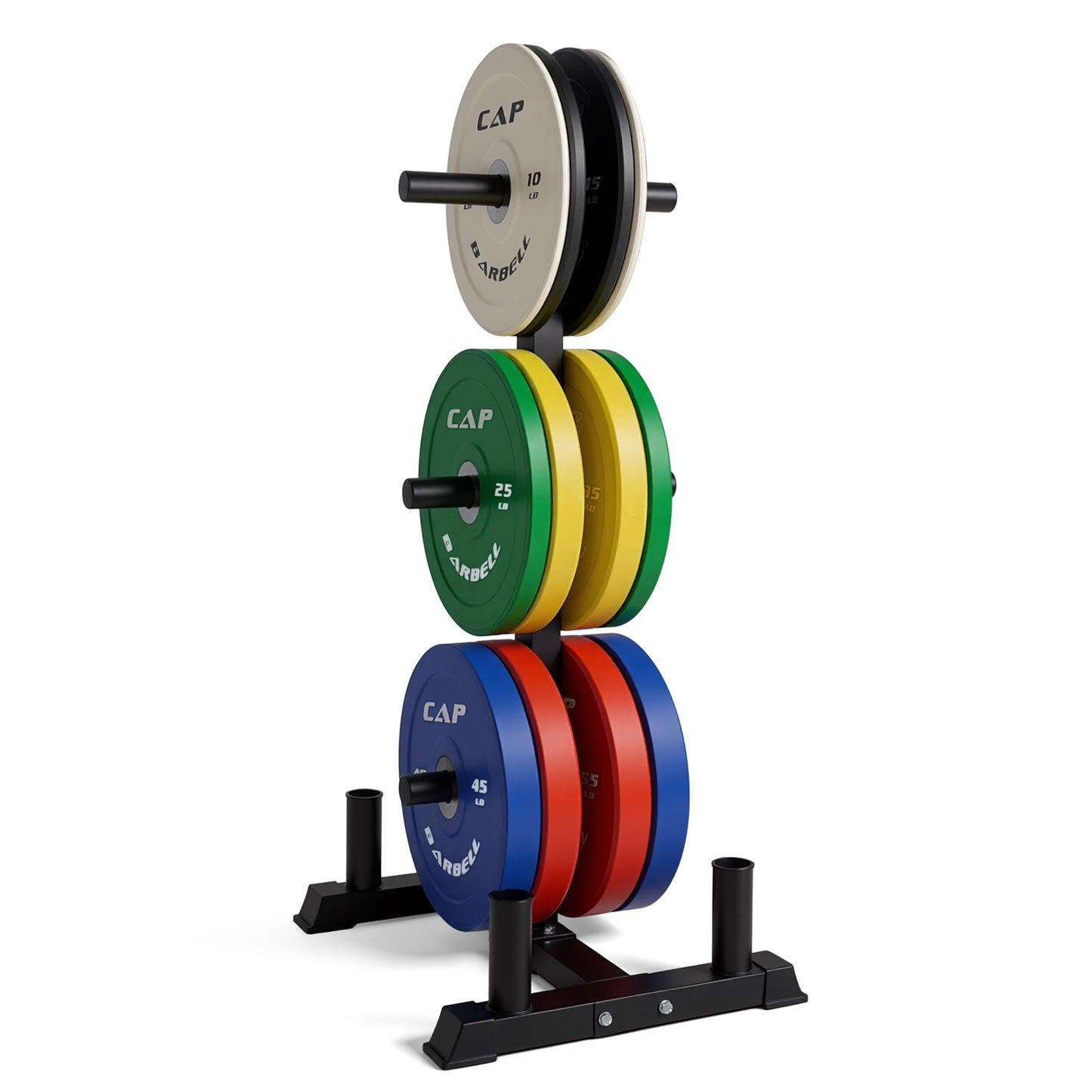 CAP 370 lb Competition Olympic Bumper Plate Set with Storage Rack, Color-Coded 2-Inch Olympic Plates, Low Bounce Virgin Rubber Weight Plates with Steel Hub, 6 Weight Posts & 4 Barbell Holders for Weightlifting, Strength Training & Home Gym Workouts