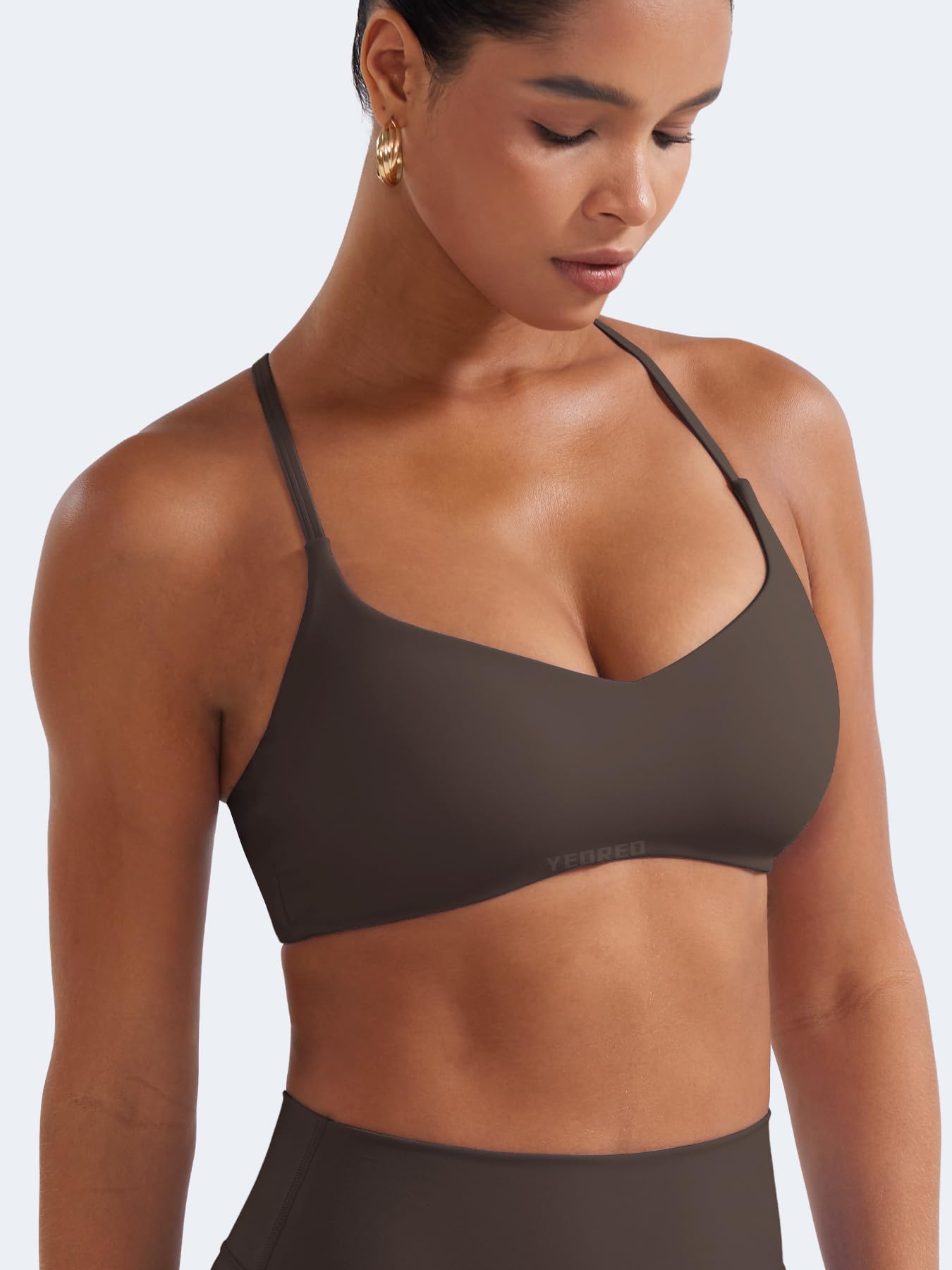 YEOREO CoreFlex Y Back Sports Bras for Women Padded Racerback Bra Paisely Light Impact Adjustable Straps Gym Workout Tops Cocoa L