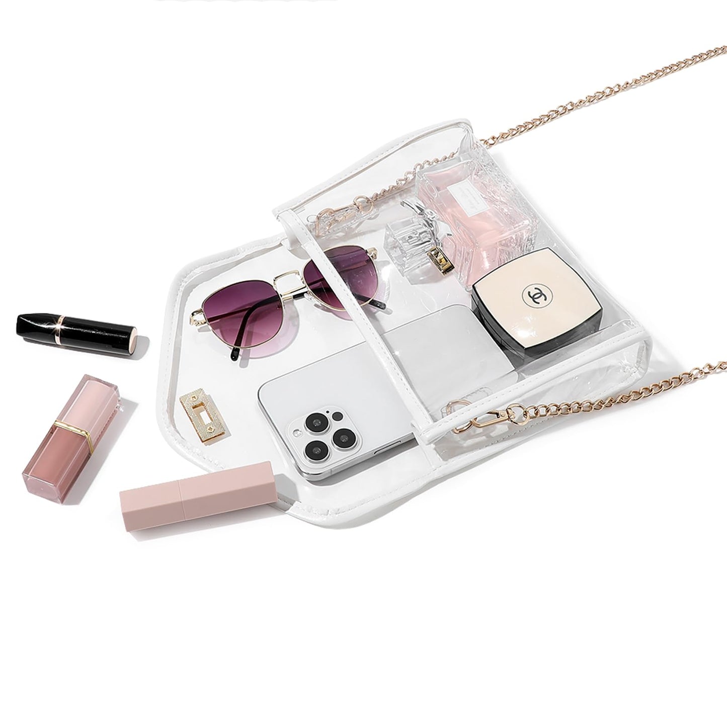 Bucosd Clear Purse for Women Stadium Approved, Clear Crossbody Bag with Leather Edging for Concert Sports events (White - Gold Chain with Shoulder Strap Pad)