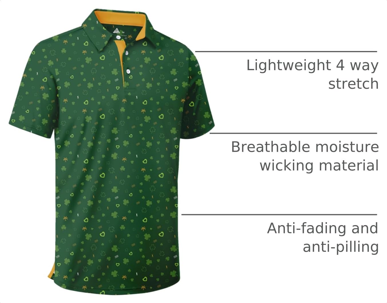 ZITY Mens Golf Shirt Short Sleeve Moisture Wicking Performance Daily Casual Print Patterns Collared Golf Polo Shirts for Men Bright Green X-Large