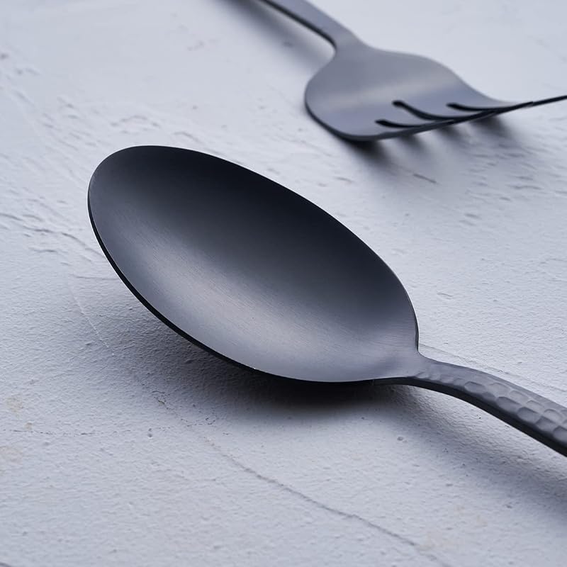 Matte Black 2 Spoons & 2 Slotted Spoons & 2 Forks Serving Utensil Set (FULLYWARE) - 9.5" Heavy-Duty 18/0 Stainless
