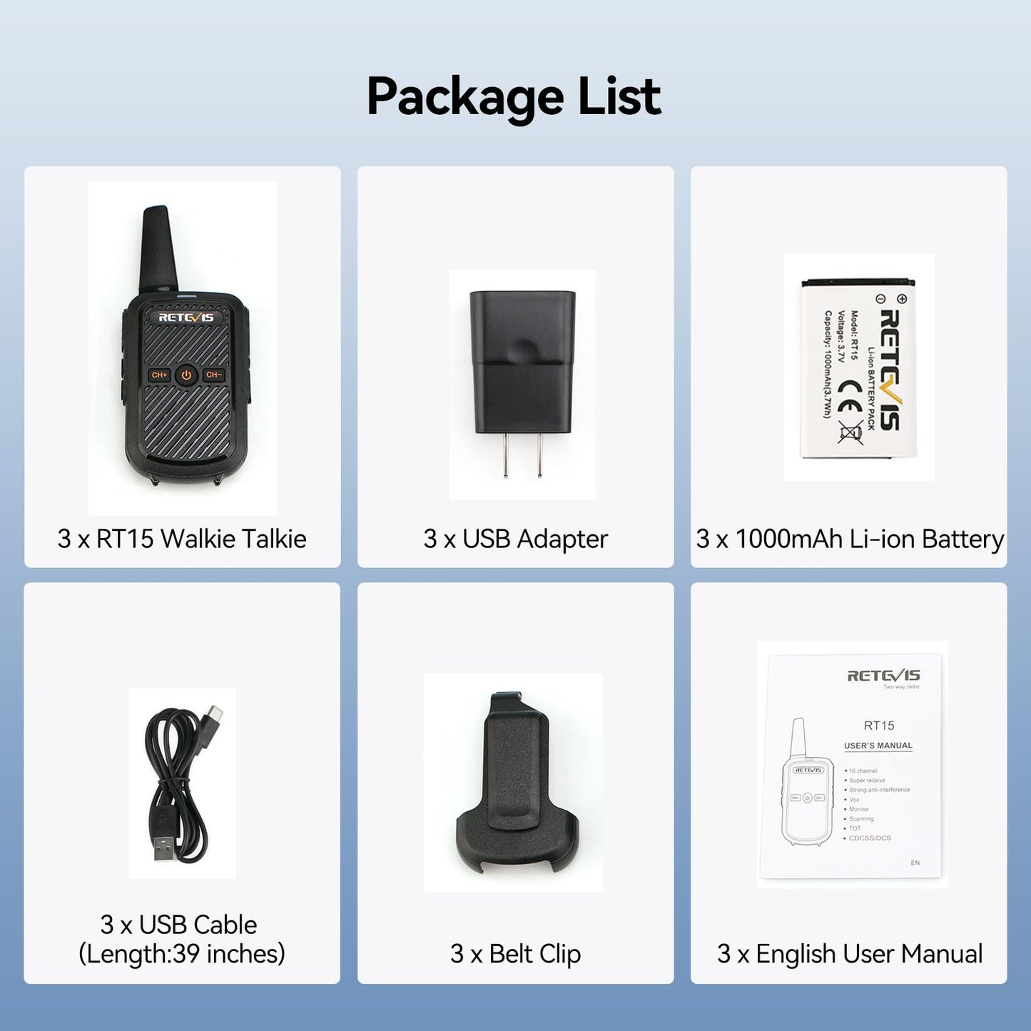 Retevis RT15 Mini Walkie Talkies for Adults, Small Portable 2 Way Radios, Low Battery Warning, VOX, Compact, Walky Talky Rechargeable for Warehouse Camping Hiking Outdoor Trip Family Travel(3 Pack)