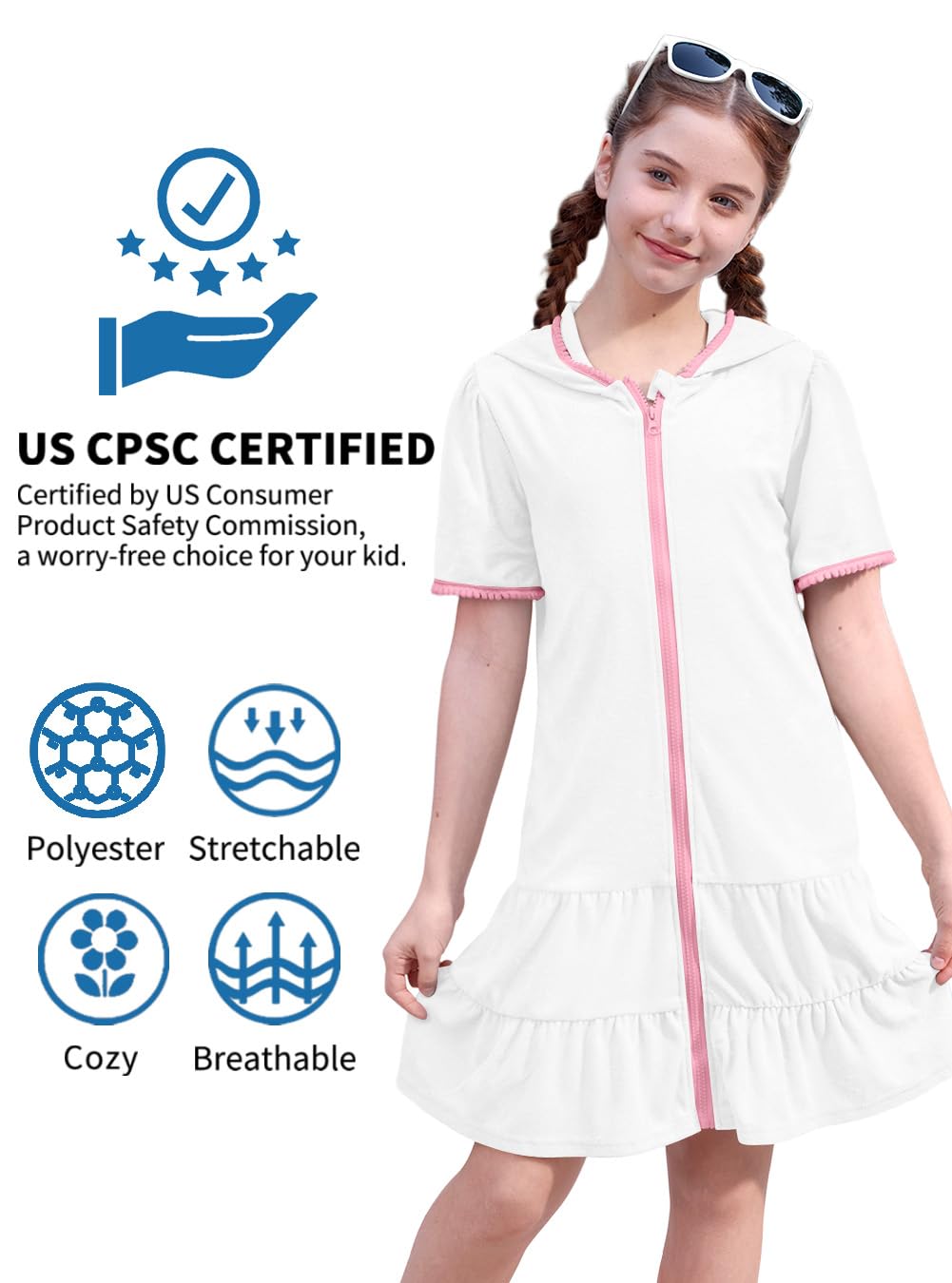 Little Girls Full Zip Ruffle Hem Short Sleeve Bathrobe with Pockets Solid Pink Beach Terry Swim Cover Up 9-10 Years