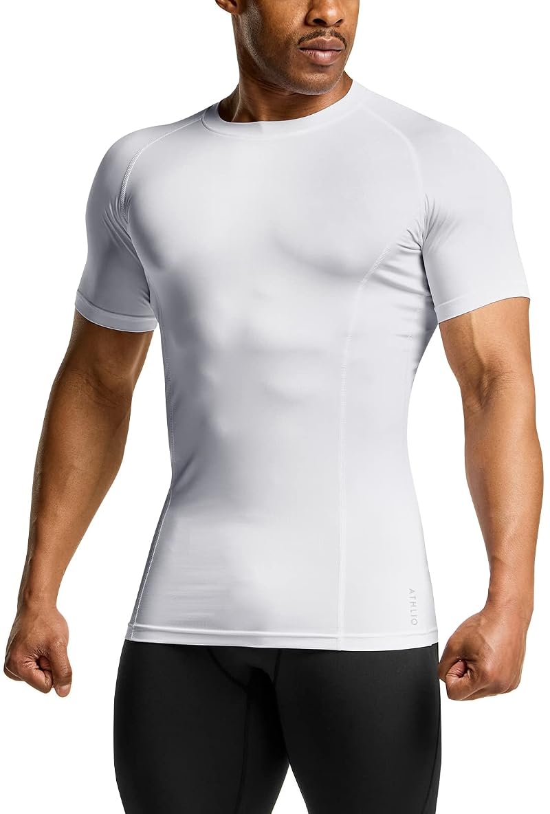 Athlio 3-Pack Men’s Cool Dry Short Sleeve Compression Shirts - Baselayer Athletic Tops, White, Medium