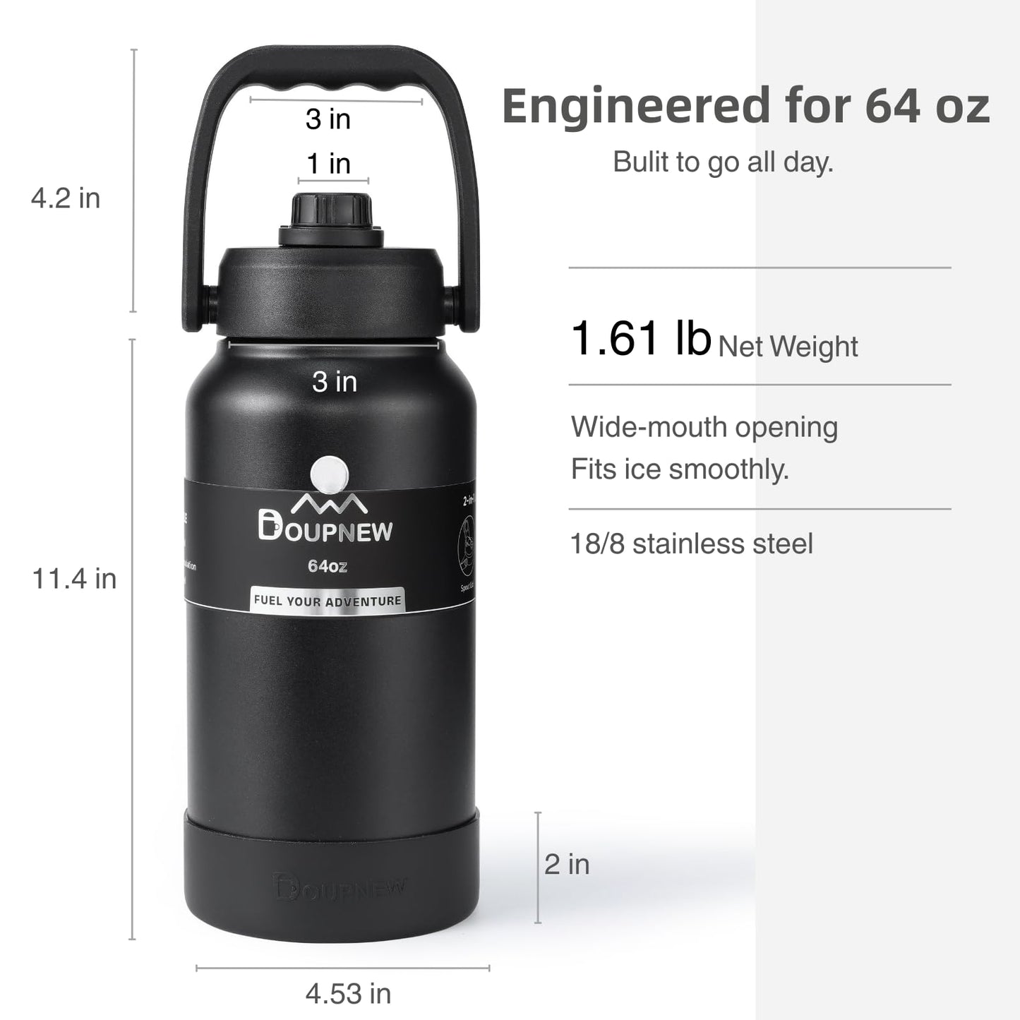 Doupnew 64oz Water Bottle,Half Gallon Stainless Steel Insulated Bottle with Leak Proof Dual-Mode Lid,Straw & Chug Drinking,Large Handle,Keeps Cold 24H Hot 12H for Gym,Outdoor & Use(Forest Green)
