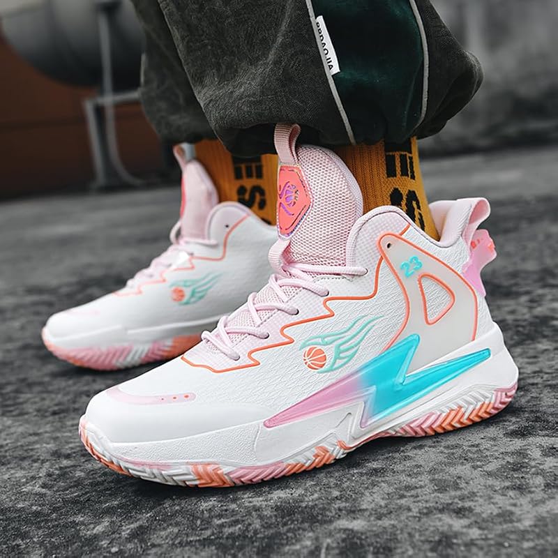 Kiusmety High Top Basketball Shoes for Women & Men, Breathable Non-Slip Outdoor Sneakers - Pink+7 Women/6 Men