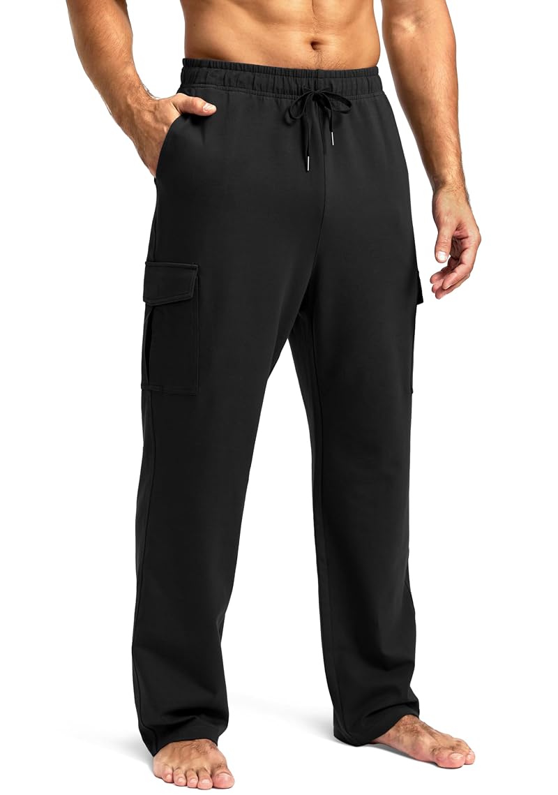 Pudolla Men’s Cotton Cargo Sweatpants with 6 Pockets, Black XL