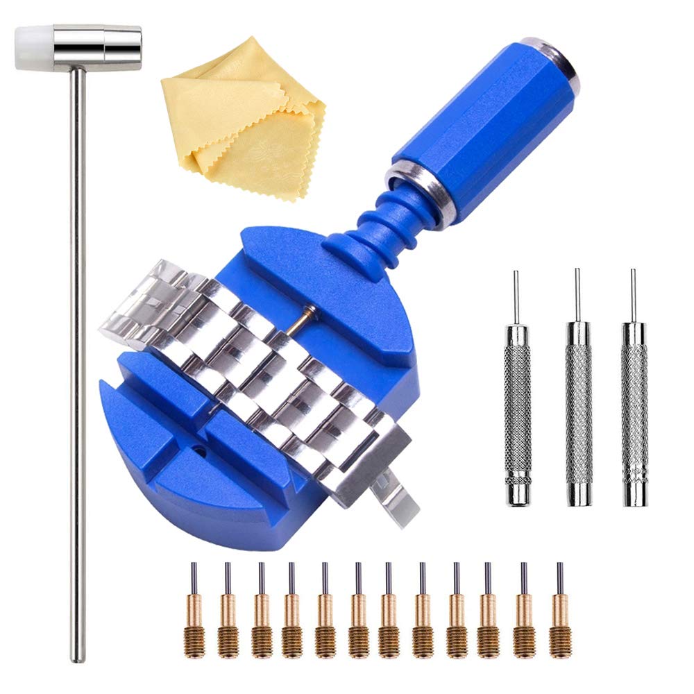 lenpestia Watch Band Link Removal Tool Kit with 12pcs Replacement Pins and 3pcs Pin Punches 1pcs Head Hammer for Watch Bracelet Strap Adjustment and Watch Repair